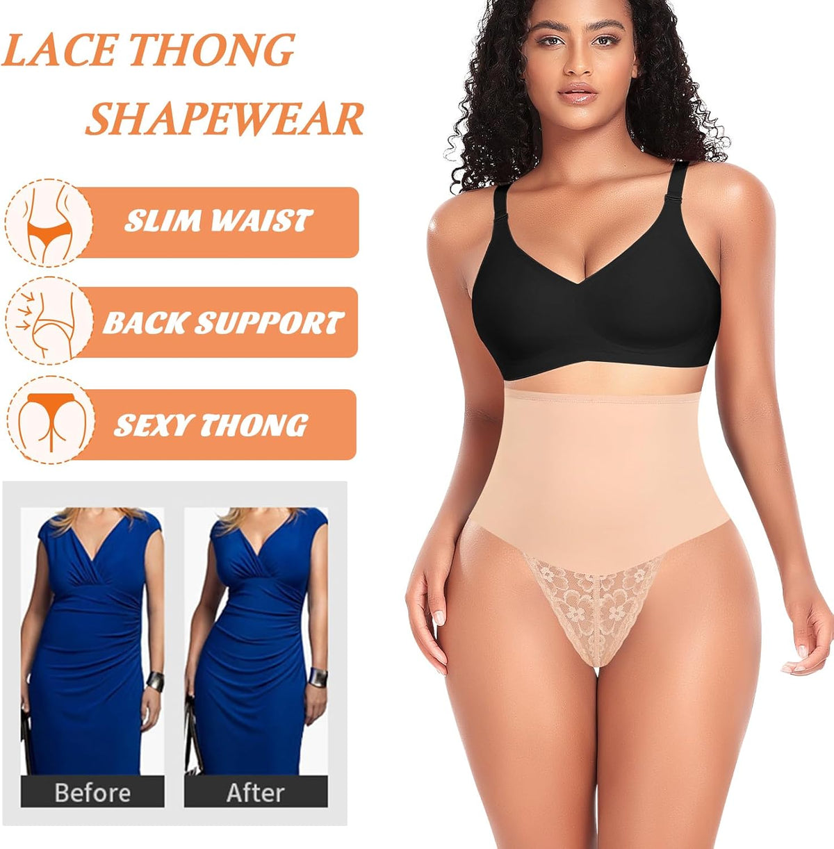 Tummy Control Thong Shapewear for Women Lace Shaping Thong Girdle | Mid High Waisted Body Thong Shaper Underwear,Light to Medium Control Shapewear