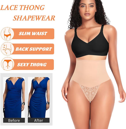 Tummy Control Thong Shapewear for Women Lace Shaping Thong Girdle | Mid High Waisted Body Thong Shaper Underwear,Light to Medium Control Shapewear