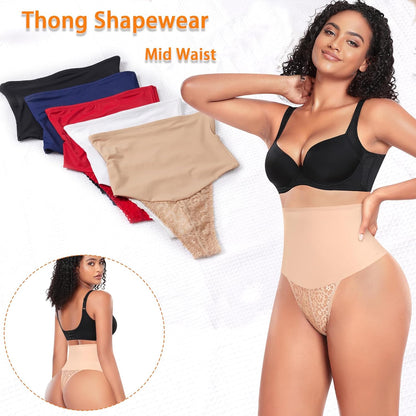 Tummy Control Thong Shapewear for Women Lace Shaping Thong Girdle | Mid High Waisted Body Thong Shaper Underwear,Light to Medium Control Shapewear